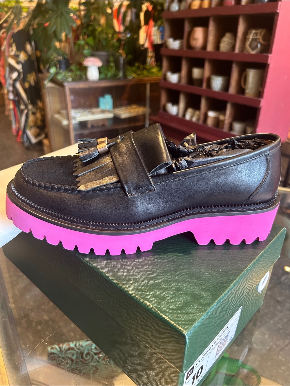 Black Leather Kiltie Loafer with Hot Pink Lug Sole